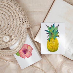 Tarjetas de notas de arte de acuarela tropical con sobres, juego de sobres de tarjetas de notas costeras, papelería directa del artista, postal de Florida