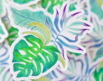 Green Monstera Sticker - Botanical Car Window Decal - Flower Lap Top Sticker - Watercolor Bottle Decal - Vinyl Sticker Beach - PCB Sticker
