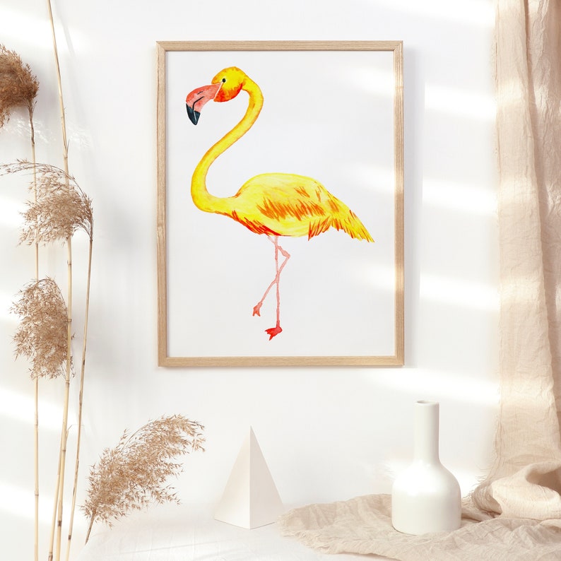 Yellow Watercolor Flamingo Print, Coastal Fine Art Wall Decor, Beach House Artwork, Archival Bird Art, Florida Artwork, Easy Gifts for Mom image 5