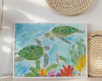 Sea Turtle Wall Art Watercolor Print, Sea Turtle Painting Print, Beach Art Print, Beach House Wall Decor, Nautical Nursery Wall Art