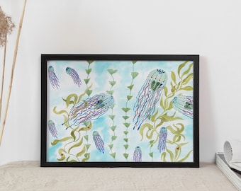 Watercolor Jellyfish Archival Art Print, Underwater Animal Fine Art Print, Coastal Wall Decor, Beach House Wall Accent, Jelly Fish Artwork