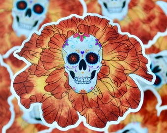 Dia Del Los Muertos Sugar Skull Sticker - Marigold Flower Car Window Decal - Orange Lap Top Sticker - Kid Water Bottle Decal - Vinyl Sticker