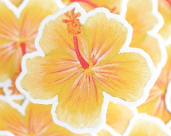 Yellow Floral Water Bottle Decal - Hibiscus Flower Art Sticker - Die Cut Lap Top Sticker - Outer Banks Nature Sticker - Floral Stickers