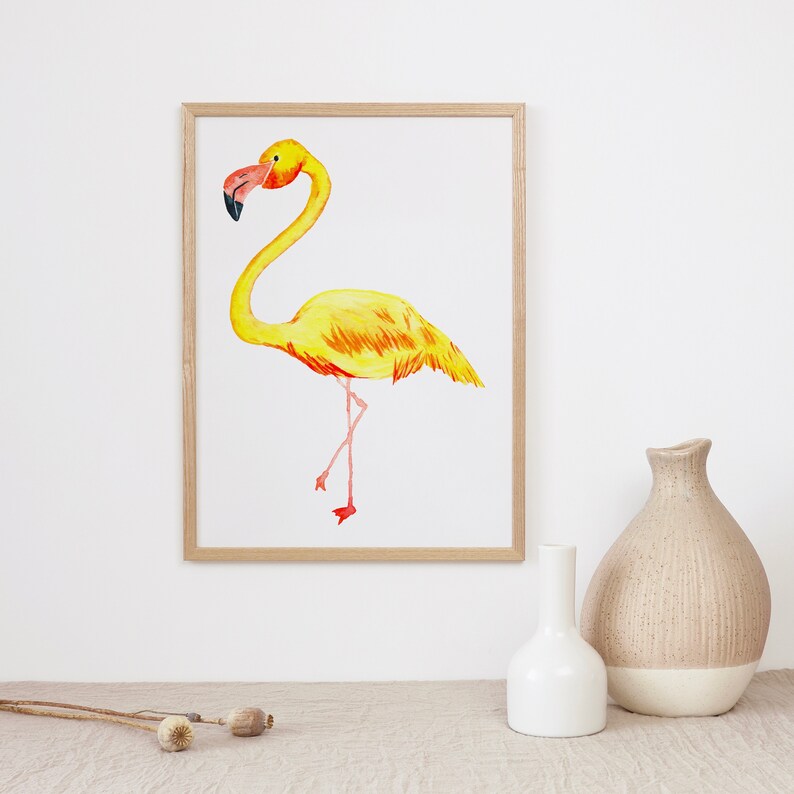 Yellow Watercolor Flamingo Print, Coastal Fine Art Wall Decor, Beach House Artwork, Archival Bird Art, Florida Artwork, Easy Gifts for Mom image 2