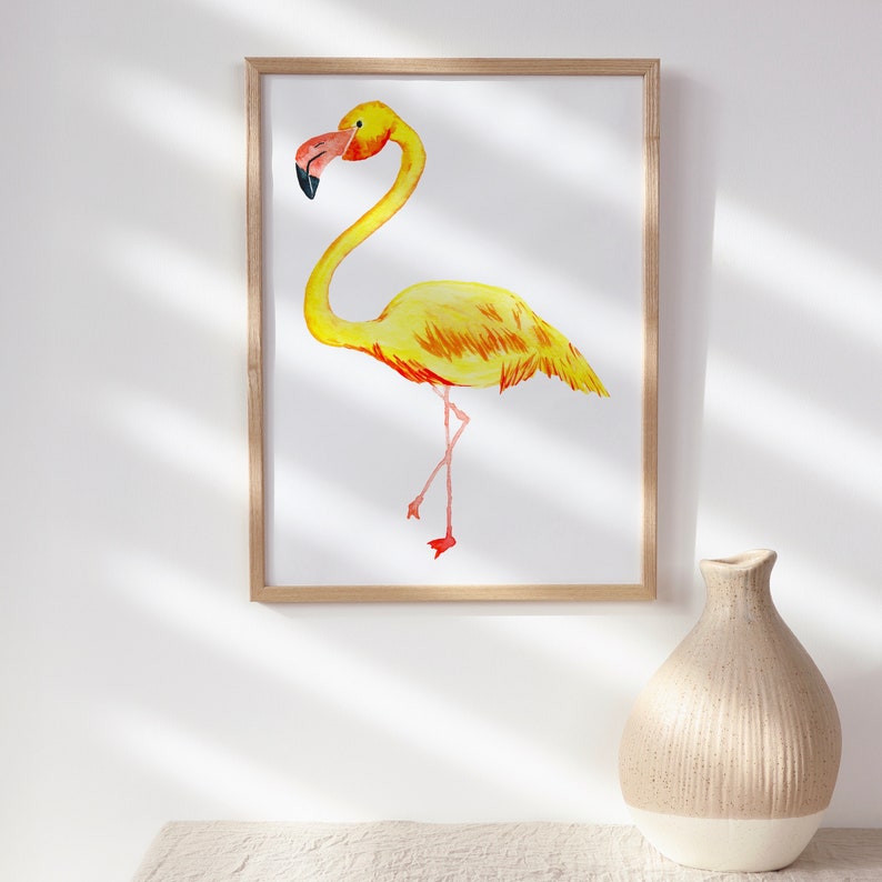 Yellow Watercolor Flamingo Print, Coastal Fine Art Wall Decor, Beach House Artwork, Archival Bird Art, Florida Artwork, Easy Gifts for Mom image 4