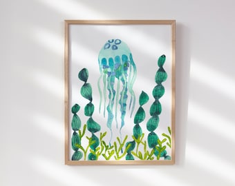 Blue Jellyfish 8x10 Print, Sea Life Painting, Ocean Home Decor, Coastal Beach Art, Watercolor  Illustration Art Print, Nautical Wall Art