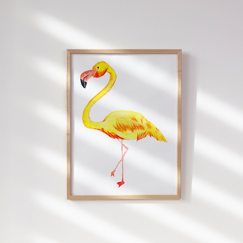 Yellow Watercolor Flamingo Print, Coastal Fine Art Wall Decor, Beach House Artwork, Archival Bird Art, Florida Artwork, Easy Gifts for Mom image 1