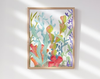 Rainbow Seaweed Print, Sea Life Painting, Ocean Home Decor, Coastal Beach Art, 4X6 Watercolor Illustration Art Print, Beach Wall Art