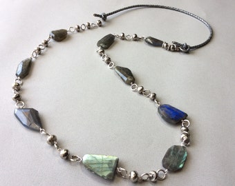 Faceted labradorite and pyrite linked necklace