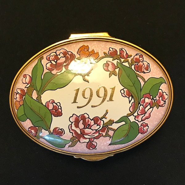 1991 Victoria's Secret Commemorative Enameled Trinket Box Pink Flowers Year to Remember