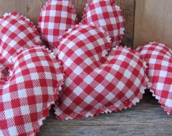 five red white check fabric hearts