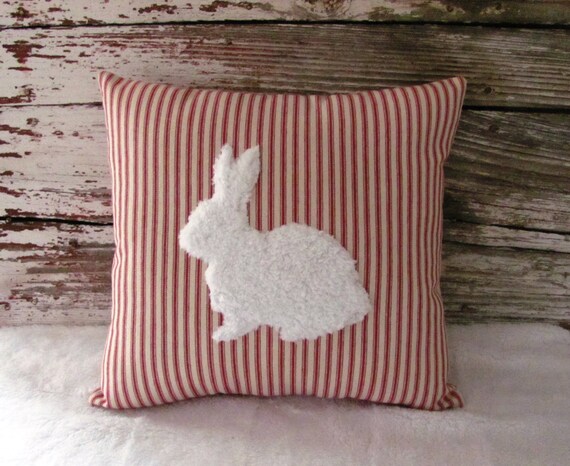 Rabbit pillow white fur red ticking Easter Bunny Pillow Cover with Faux Fur