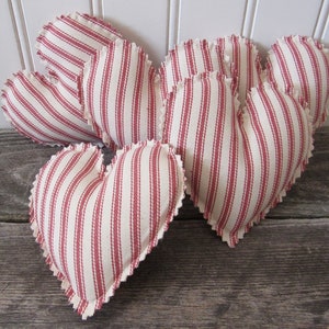 set of 5 red ticking stripe hearts