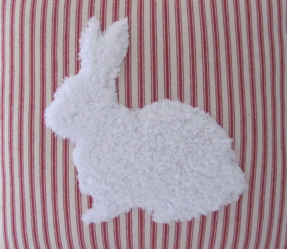Rabbit pillow white fur red ticking Easter Bunny Pillow Cover with Faux Fur