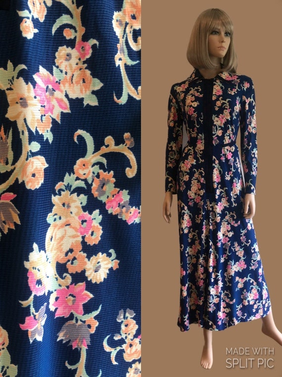 1960’s Blue Floral Maxi Dress With Attached Belt A