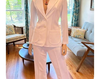 1970’s White Polyester Suit By Fire Islander, Vintage 70’s White 2 Piece Pant Suit, Vintage Wedding Suit, Yacht Rock