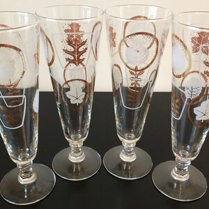 Mid Century Gold & White Etched Leaf Pilsner Glasses, Vintage Champagne Glasses, Set Of 4, Mid Century Barware