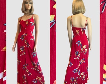 Vintage Red Floral Maxi Dress With Adjustable Spaghetti Straps and Front  Slit, Size XS, Tiki Oasis - Etsy