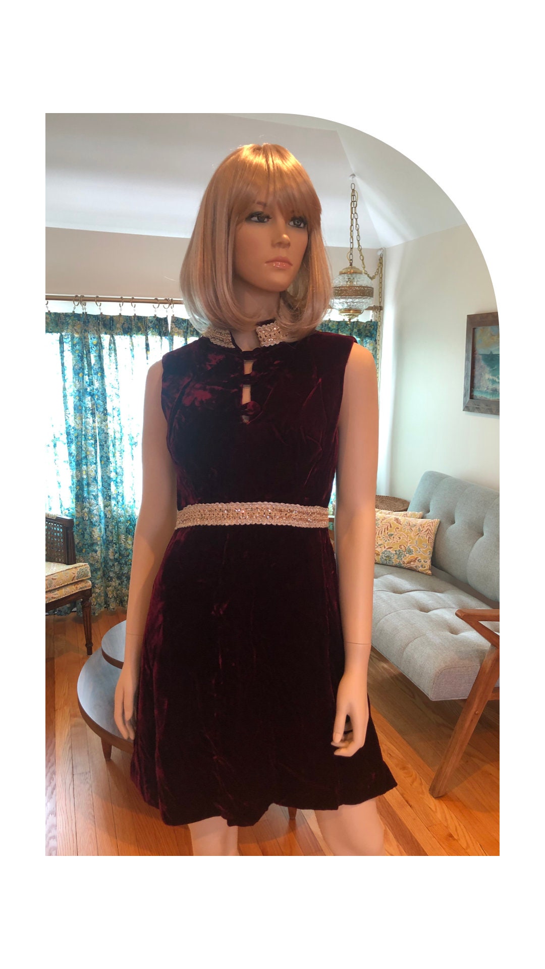 1960's Crushed Velvet Pattie Boyd Dress, Vintage 60's Burgundy