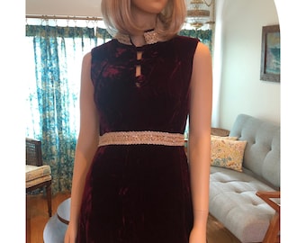 1960’s Crushed Velvet Pattie Boyd Dress, Vintage 60’s Burgundy Velvet Mini Dress With Rhinestone Detail, Size Small