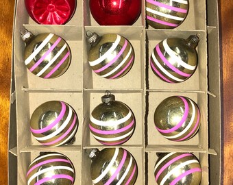 Vintage Shiny Brite Christmas Ornaments, 1950’s Mercury Glass Ornaments, 12 Mid Century Christmas Ornaments, Mid Century Christmas Decor
