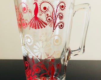 Mid Century Red & White Cocktail Pitcher, Mid Century Barware, Vintage Pitcher With Peacocks And Flowers, Peacock Pitcher