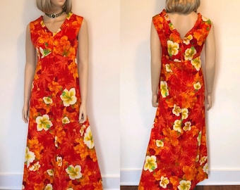 1960’s Red, Orange & Yellow Hawaiian Maxi Dress, Size Small / Medium, Vintage Long Floral Dress, 1960’s Floral Barkcloth Dress, Tiki Oasis