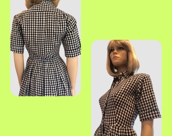 1950’s Black & White Gingham Swing Dress Made By Swiss-Ette, Old Hollywood Style, Brigitte Bardot, 50’s Button Front Dress With Full Skirt