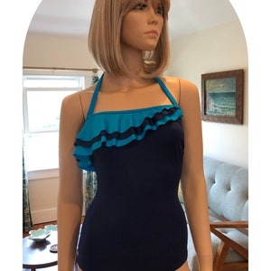 1970’s One Piece Sirena Swimsuit, Vintage 70’s Navy Blue Strapless Bathing Suit, Tiki Oasis, XXS / XS