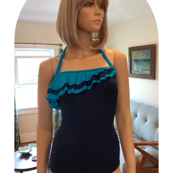 1970’s One Piece Sirena Swimsuit, Vintage 70’s Navy Blue Strapless Bathing Suit, Tiki Oasis, XXS / XS