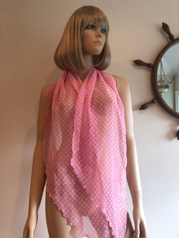 1970’s Pink & White Polka Dot Scarf, Vintage Shee… - image 2