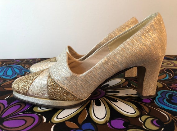 1960’s Gold Lame Shoes, Vintage Gold Glitter Shoes, L… - Gem