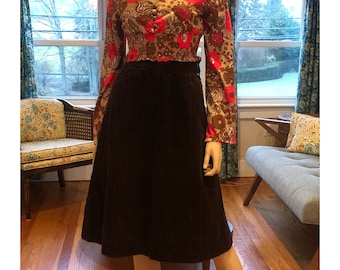 1970’s Brown Corduroy Skirt, Vintage 70’s Chocolate Brown A Line Skirt With Pockets, Made In Israel For Macy’s