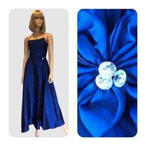 1980’s Blue Satin Prom Dress Made By Jessica McClintock, Vintage Royal Blue Strapless Formal Dress With Rhinestone Flower Appliqué