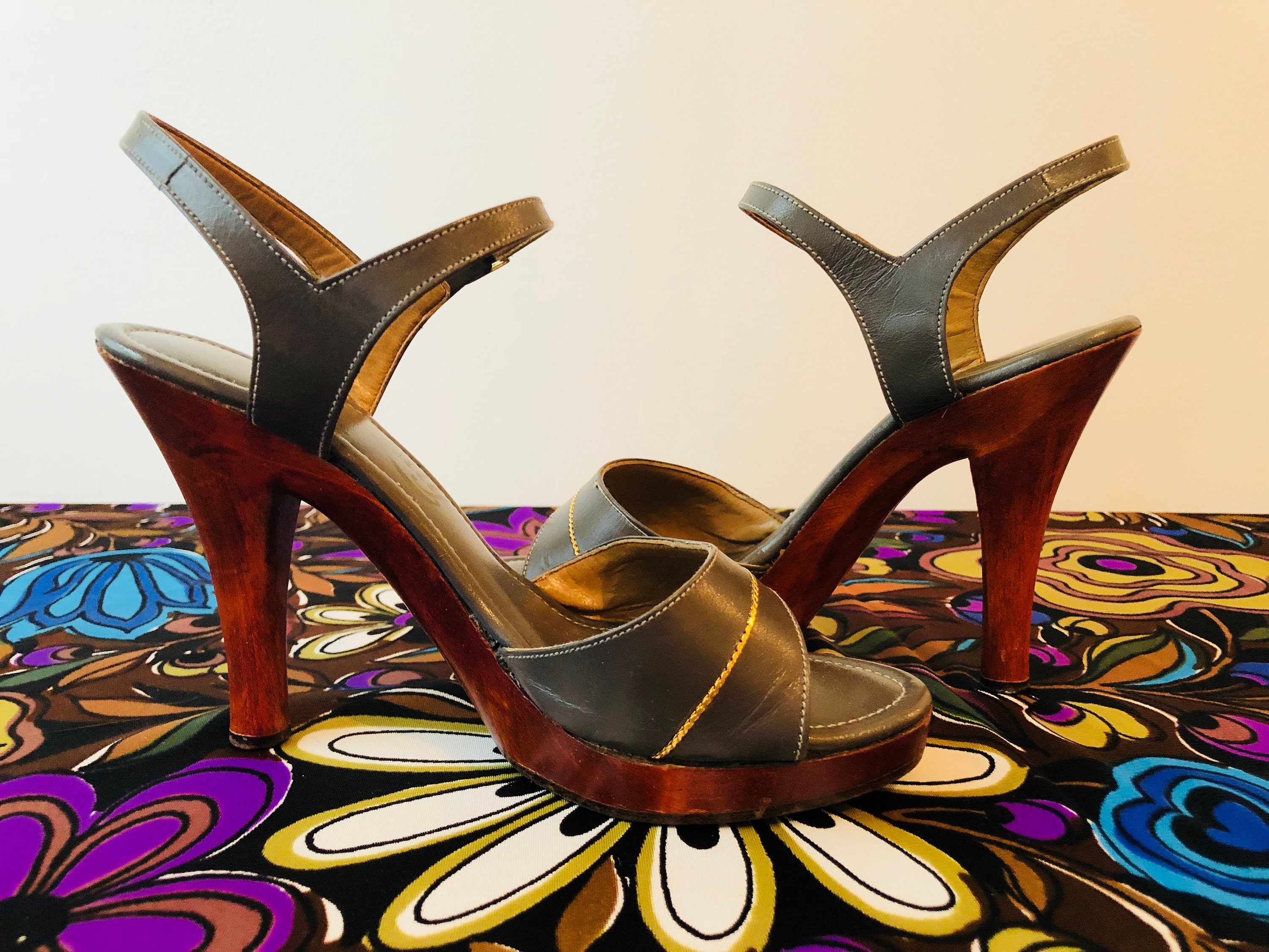1970's Leather & Wood Platform Heels, L.A. Lady, Size 5 1970's Leather & Wood Platform Heels, L.A. Lady, Size 5