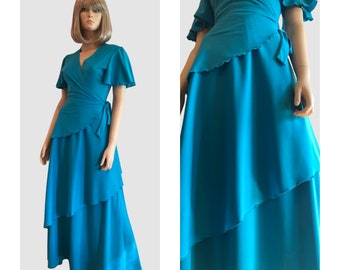 1970’s Turquoise Maxi Wrap Dress With Angel Flutter Sleeves, Vintage 3 Tier Wrap Dress, 70’s Blue Wrap Dress, Vintage Summer Fashion