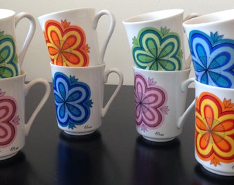 Royal Crown Elena Coffee Cups, 1970's, Set Of 8, Vintage Flower Coffee Cups, Flower Power Cups