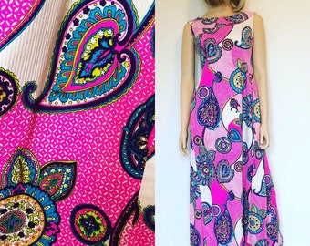 1960’s Hawaiian Dress, Size Small / Medium, Malihini Hawaii Designer’s Collection, Vintage Pink & Purple Floral Maxi Dress, Tiki Oasis Dress