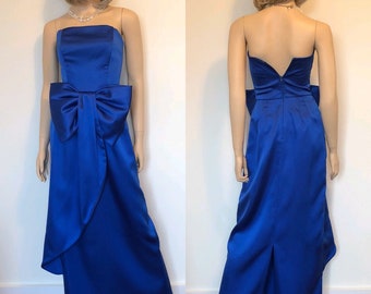 1980’s Royal Blue Satin Formal Dress By Pantagis, 1980’s Does 50’s Dress, Marilyn Monroe Dress, Size XS / Small, Vintage Bridesmaid Dress