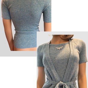 1970’s Baby Blue Sweater, 70’s Blue Short Sleeved Sweater With Attached Jacket & Tie Belt, Vintage Fitted Sweater With Butterfly Appliqué