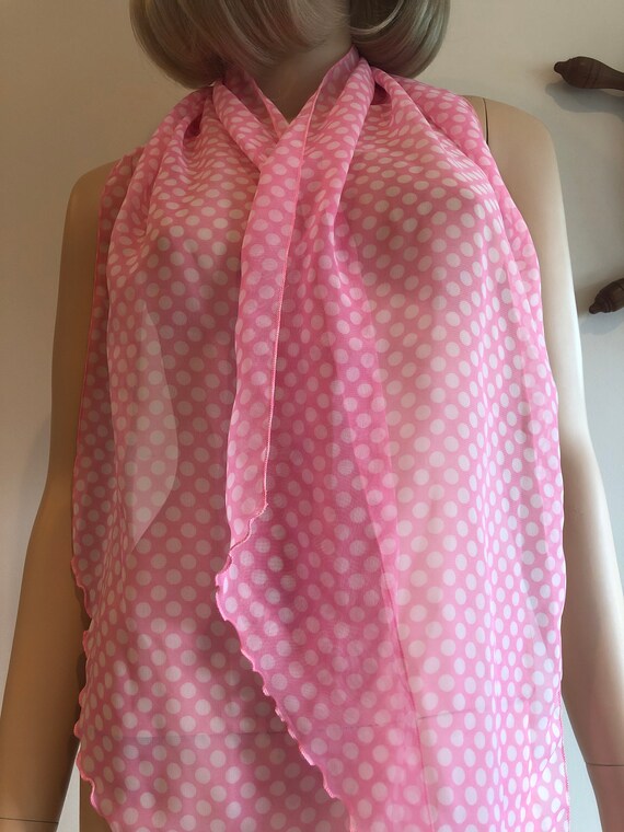 1970’s Pink & White Polka Dot Scarf, Vintage Shee… - image 6