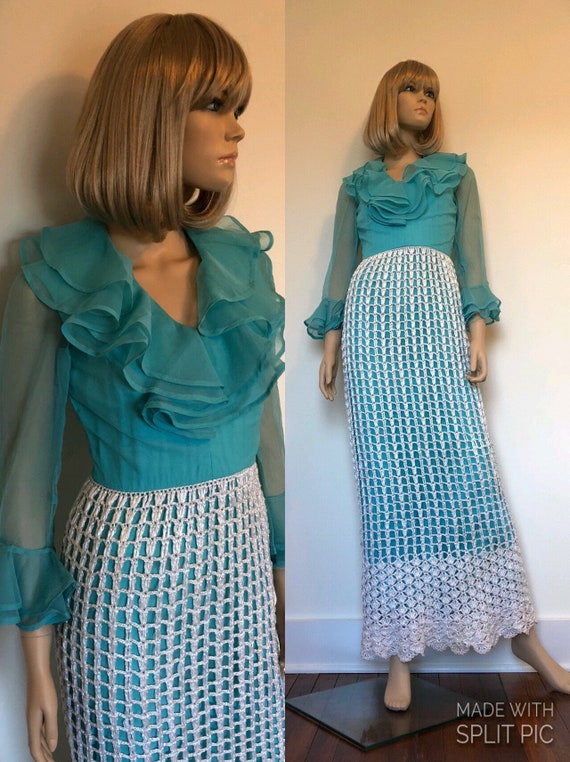 1960’s Blue & White Raffia Maxi Dress By Jack Brya
