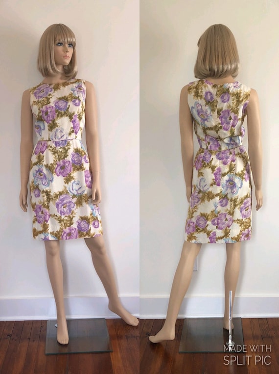 1950’s Floral Sheath Dress, Size Small, Lavender,… - image 1