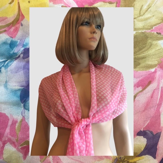 1970’s Pink & White Polka Dot Scarf, Vintage Shee… - image 1