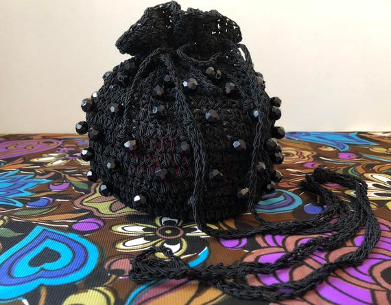 La Regale Black Knotted Cord Crocheted Evening Bag