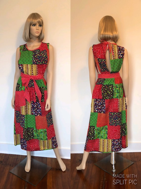 1970’s Patchwork Apron Maxi Dress, Vintage Wrap Ap