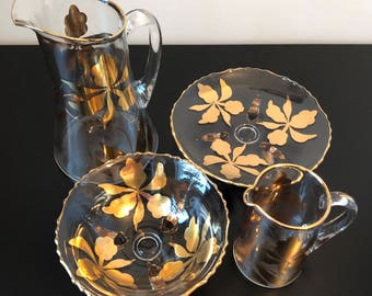 Vintage Gold Overlay Pitcher With Flowers, Gold Overlay Cocktail Pitcher, Floral Gold Overlay Pitcher, Mid Century Gold Overlay Pitcher