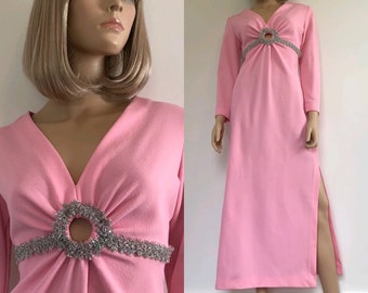 Vintage 60’s Bubble Gum Pink Cut Out Keyhole Maxi Dress, Size Small / Medium, Valley Of The Dolls, 1960’s Pink Maxi Dress With Tinsel Detail