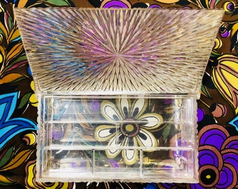 Celebrity Jewelry Box, 1950’s Lucite Jewelry Box Made By Celebrity Inc. In New York, New York, Mid Century Starburst Cosmetic Case With Tray