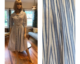 1950’s Blue & White Striped Button Front Dress, Nancy Greer New York, 50’s Swing Dress With Original Belt, Old Hollywood, Brigitte Bardot